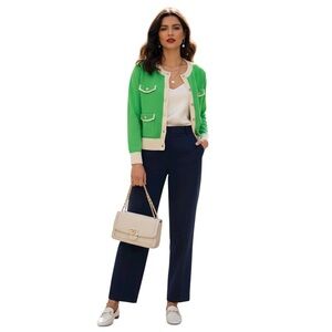 Set - Old Money Inspired  – Green Cardigan & Cream Checkered Knit Pants